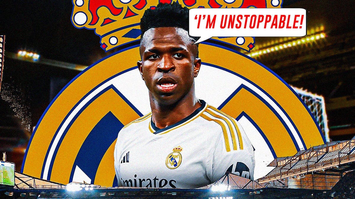Vinicius Jr. saying: ‘I’m unstoppable!’ in front of the Real madrid logo