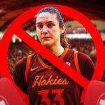 Virginia Tech women’s basketball player Elizabeth Kitley, with the medical red cross/injury symbols, and a no symbol over Kitley
