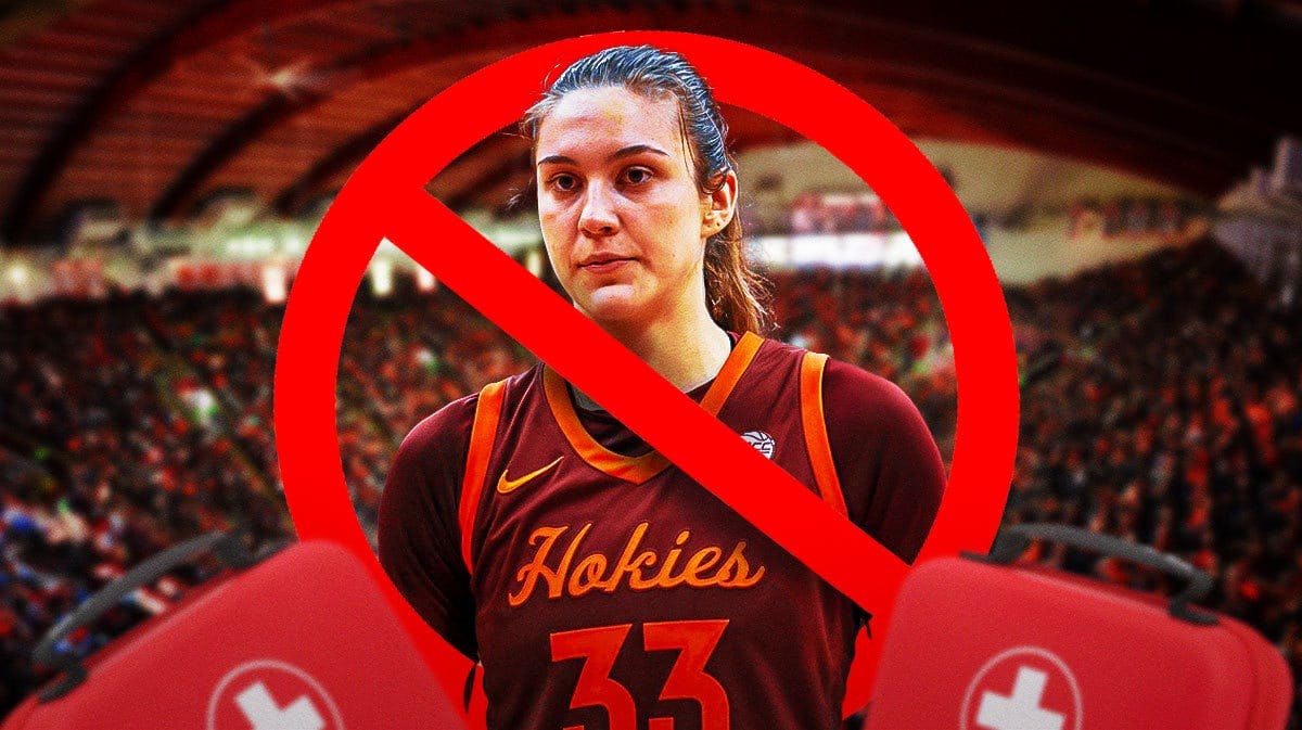 Virginia Tech women’s basketball player Elizabeth Kitley, with the medical red cross/injury symbols, and a no symbol over Kitley