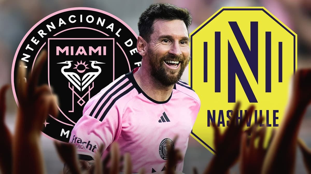 Lionel Messi celebrating in front of the Inter Miami and Nashville SC logos