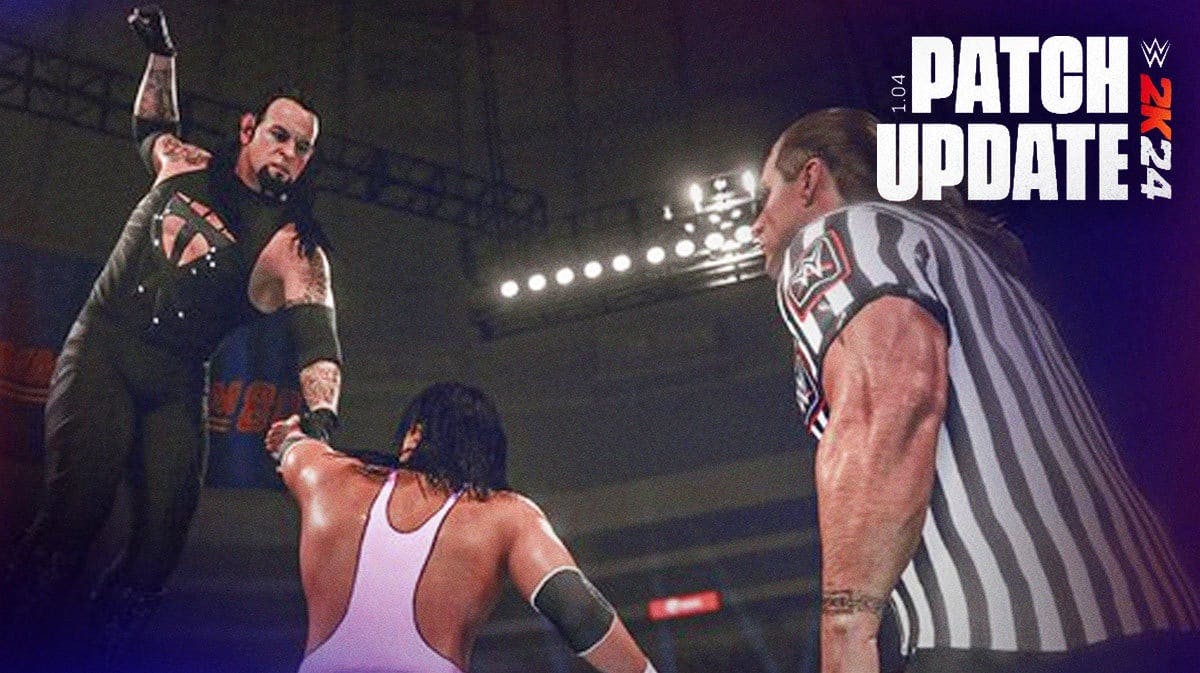 WWE 2K24 Update 1.04 Patch Notes Undertaker giving Bret Hart Old School with Shawn Michaels as the Special Guest Referee