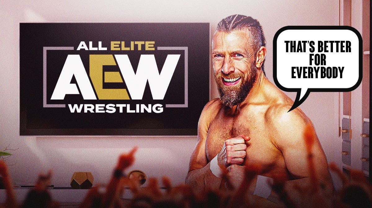 Bryan Danielson with a text bubble reading “That’s better for everybody” next to a TV with a AEW logo on the screen.
