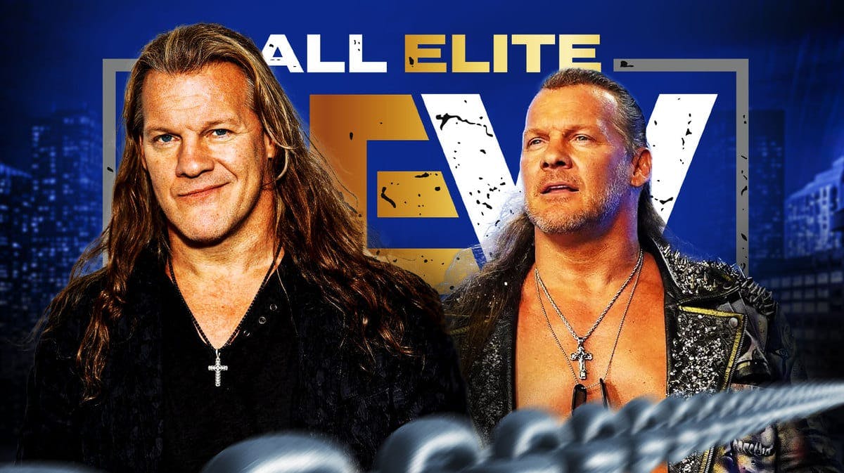 2024 Chris Jericho next to 2001 Chris Jericho with the AEW logo as the background.