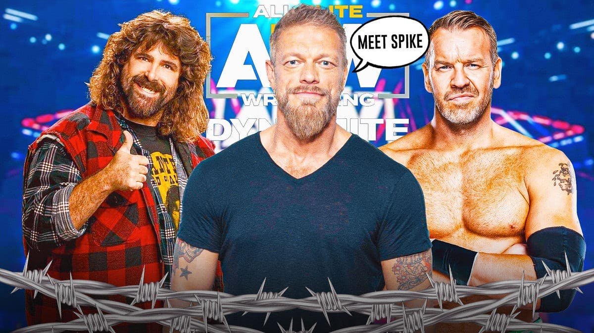 Adam Copeland with a text bubble reading “Meet Spike” with Christian Cage on his right and Mick Foley on his left with the AEW Dynamite logo as the background.