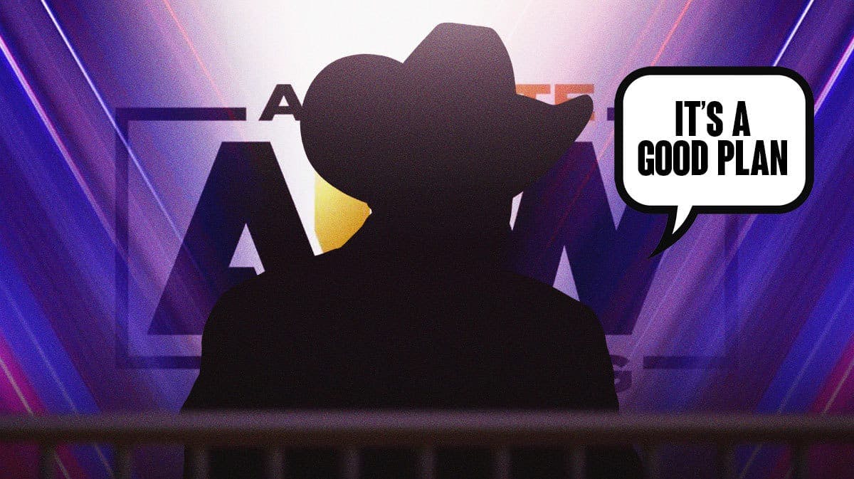 The blacked-out silhouette of Jim Ross with a text bubble reading “It’s a good plan” with the AEW logo as the background.