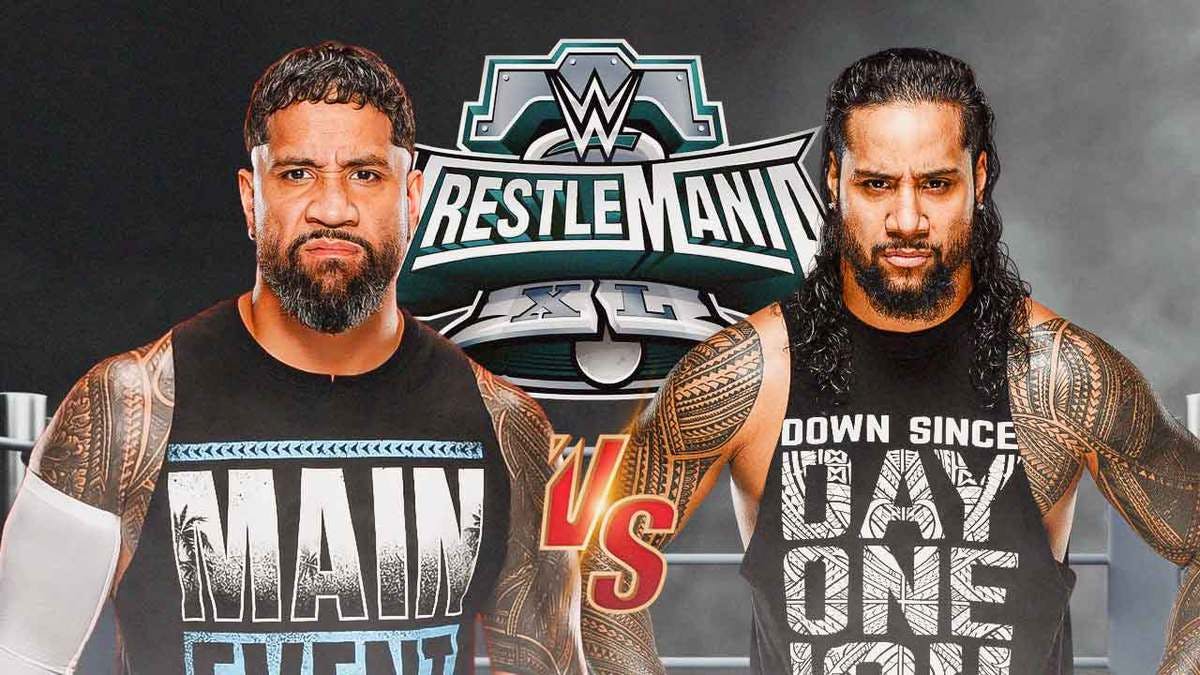 Jey Usos and Jimmy Uso looking angry at each other with a VS. symbol between them and the WrestleMania 40 logo as the background.