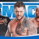 Karrion Kross in the middle with Angelo Dawkins on the left and Bobby Lashley on the right with the SmackDown logo as the background.