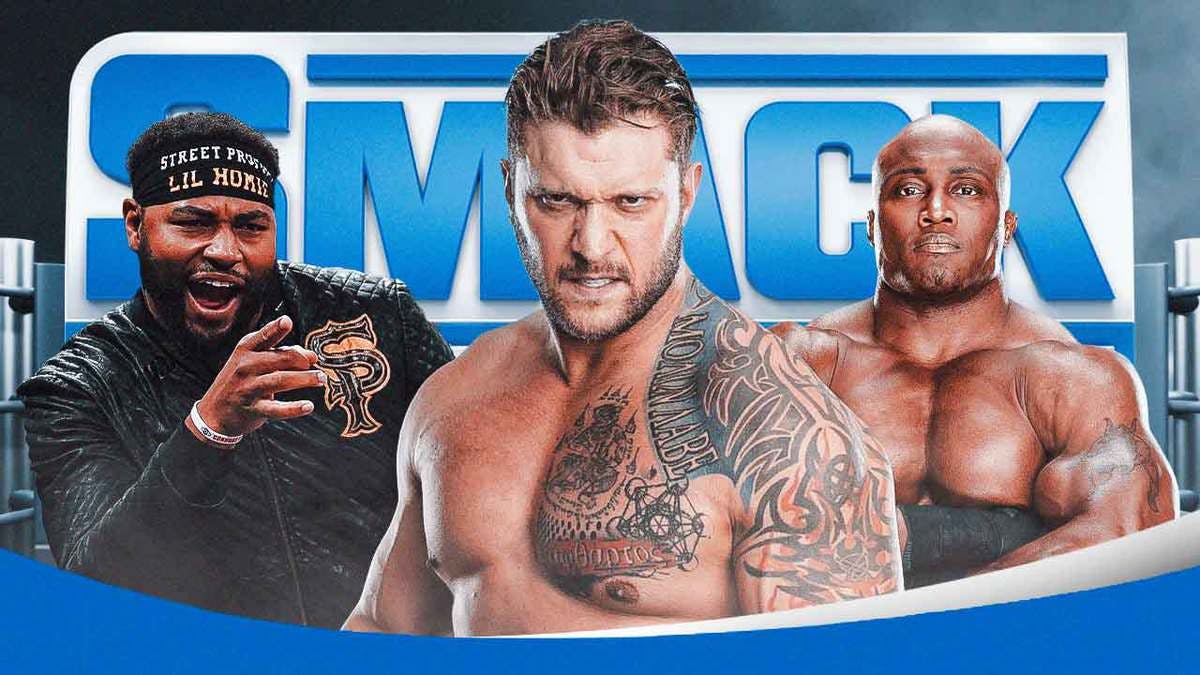 Karrion Kross in the middle with Angelo Dawkins on the left and Bobby Lashley on the right with the SmackDown logo as the background.