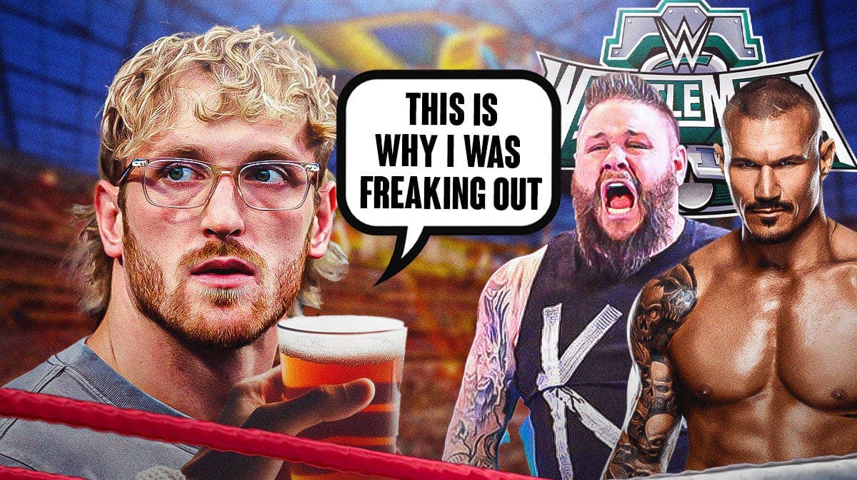 Logan Paul holding a glass of tea with a text bubble reading “This is why I was freaking out” with Kevin Owens on the left and Randy Orton on the right with the WrestleMania 40 logo as the background.