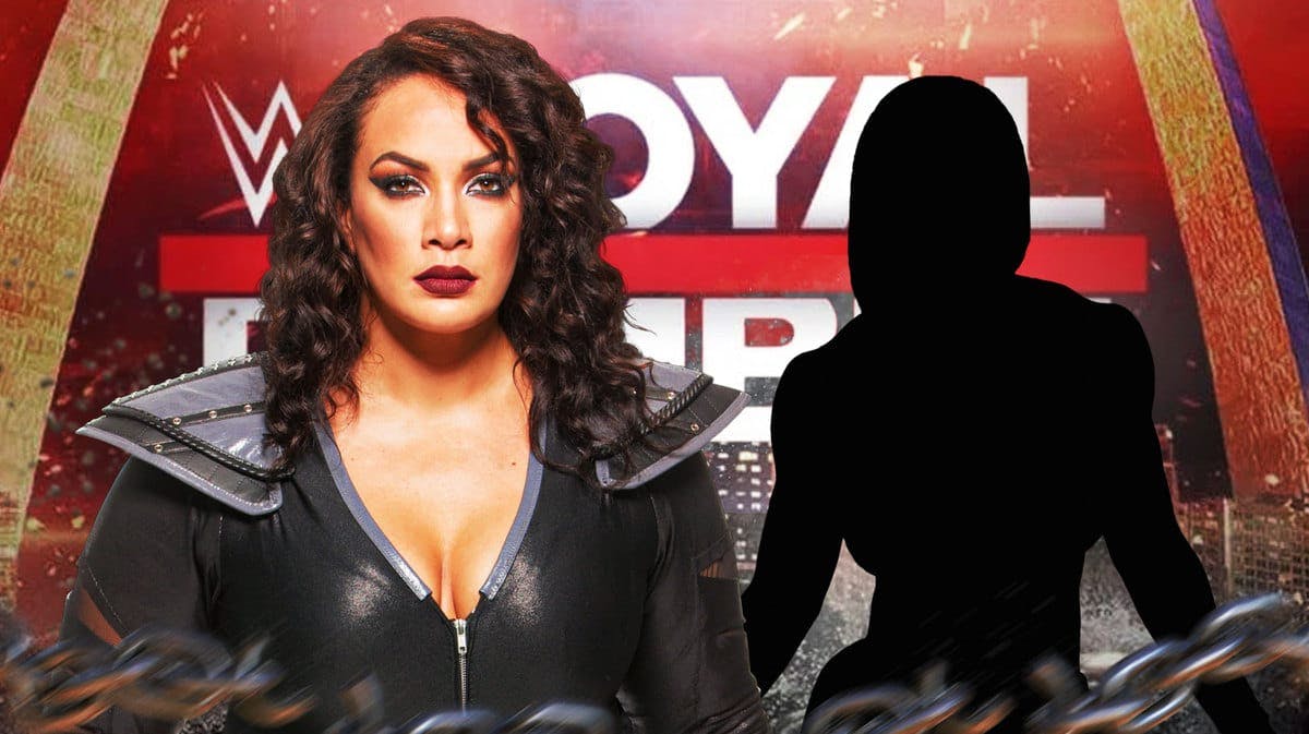Nia Jax next to the blacked-out silhouette of Jade Cargill with the 2024 Royal Rumble logo as the background.