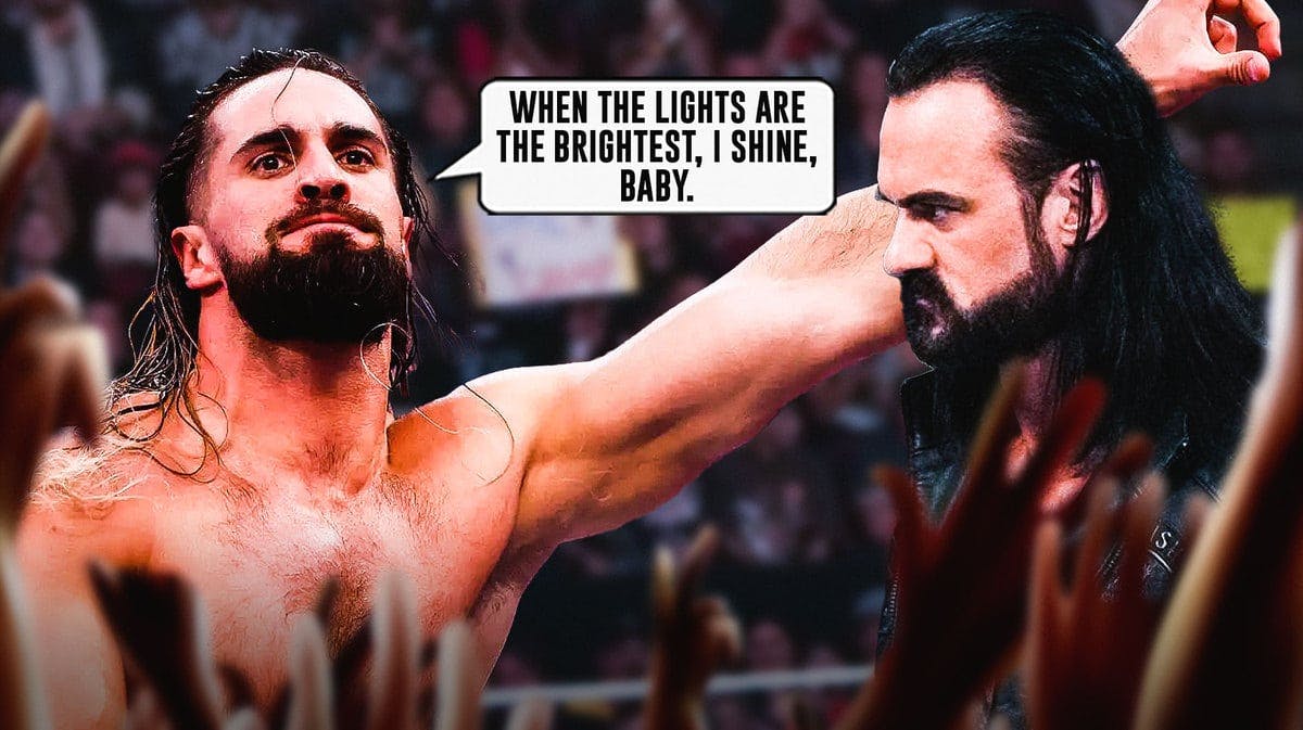 Seth Rollins with a text bubble reading “When the lights are the brightest, I shine, baby.” next to Drew McIntyre with the WrestleMania 40 logo as the background.