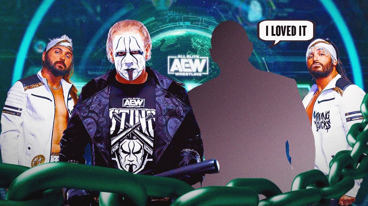 The Sting next to the blacked out silhouette of Matt Hardy with a text bubble reading “I loved it” with Nick Jackson of the Young Bucks on the far left and Matt Jackson of the Young Bucks on the far with the AEW Revolution logo as the background.