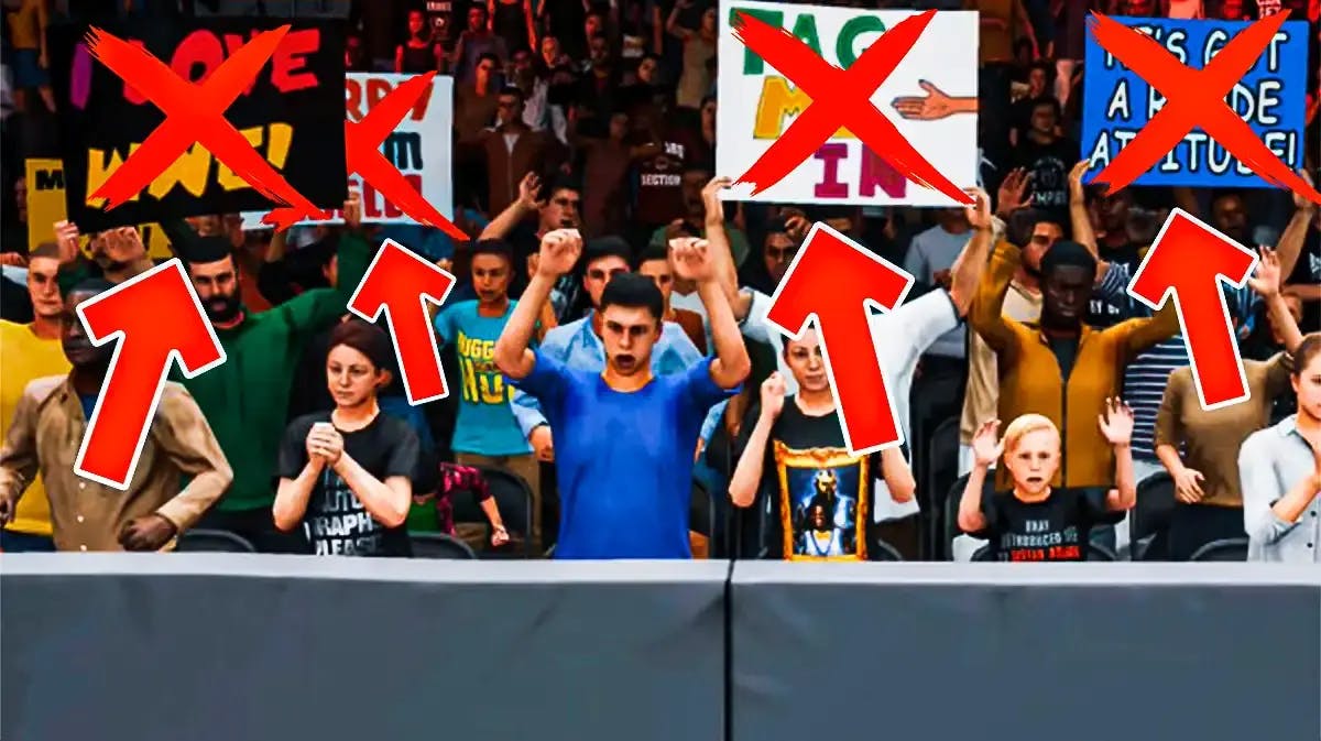 Fans in a WWE arena holding up signs but the signs have x marks on them and red arrows pointing at them