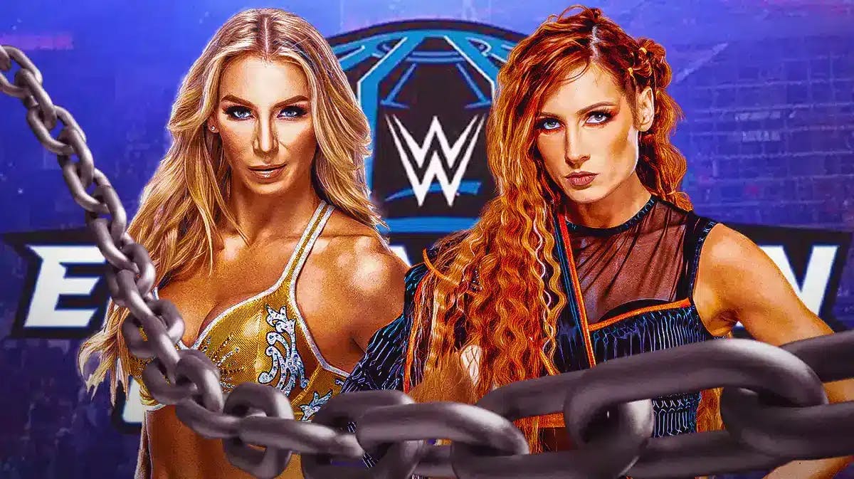 Becky Lynch and Charlotte Flair with the 2023 Elimination Chamber logo as the background.