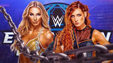Becky Lynch and Charlotte Flair with the 2023 Elimination Chamber logo as the background.