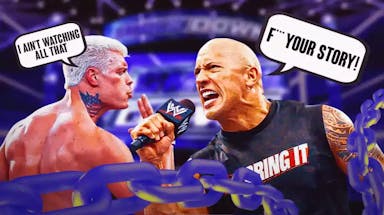 Cody Rhodes with a text bubble reading “I ain't watching all that” next to The Rock with a text bubble reading “F*** your story!” with the SmackDown logo as the background.