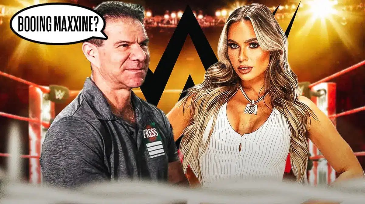 The Wrestling Observer’s Dave Meltzer with a text bubble reading “Booing Maxxine?” next to Maxxine Dupri with the WWE logo as the background.