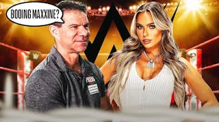 The Wrestling Observer’s Dave Meltzer with a text bubble reading “Booing Maxxine?” next to Maxxine Dupri with the WWE logo as the background.