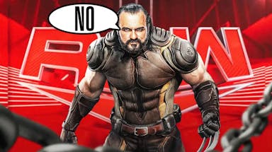 Drew McIntyre’s head on Wolverine’s body with a text bubble reading “No” with the RAW logo as the background.