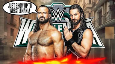 Drew McIntyre with a text bubble reading “Just show up to Wrestlemania” next to Seth Rollins with the WrestleMania 40 logo as the background.