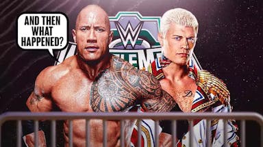 The Rock holding a microphone with a text bubble reading “And _t_hen what happened?” opposite Cody Rhodes with the WrestleMania 40 logo as the background.