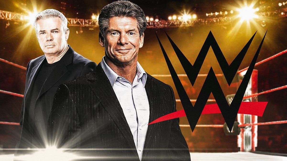 Eric Bischoff next to Vince McMahon with the WWE logo as the background.