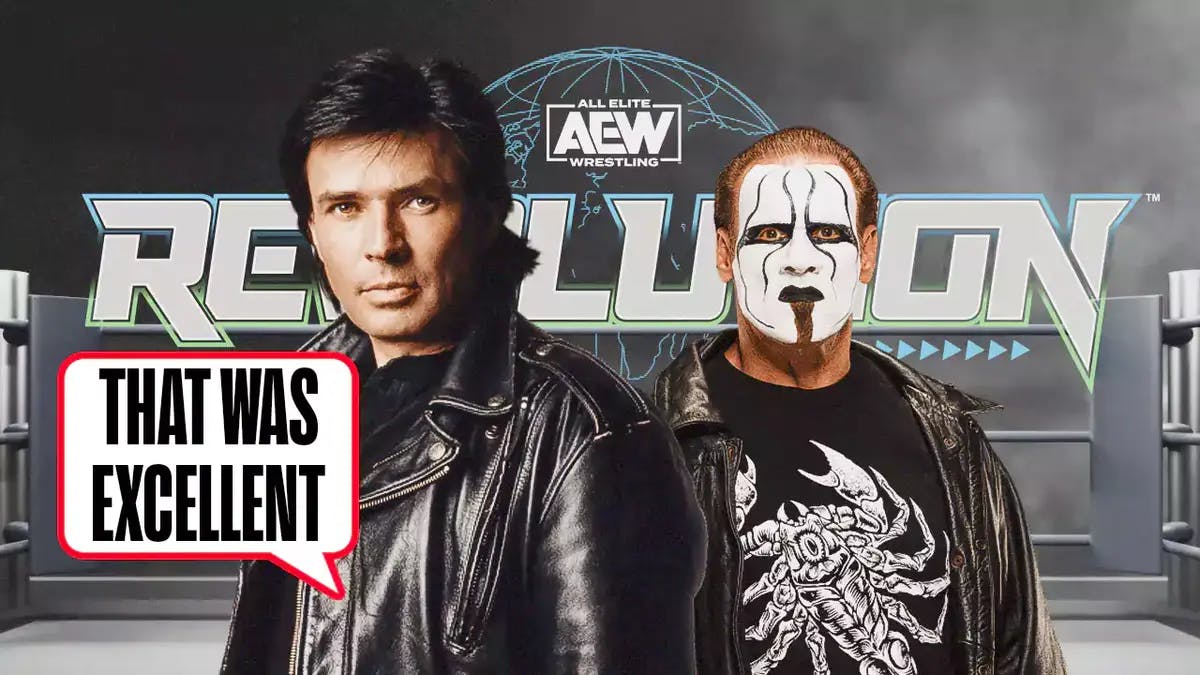 Eric Bischoff with a text bubble reading “That was excellent” next to Sting with the 2024 AEW Revolution logo as the background.