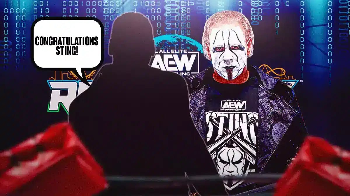 The blacked-out silhouette of Booker T with a text bubble reading “Congratulations Sting!” next to AEW’s Sting with the 2024 AEW Revolution logo as the background.