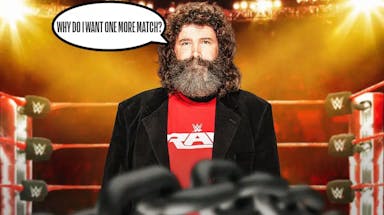 Mick Foley with a text bubble reading “Why do I want one more match?” in a wrestling ring.