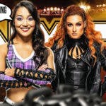 Roxanne Perez with a text bubble reading “I went home crying that night” next to Becky Lynch with the NXT logo as the background.