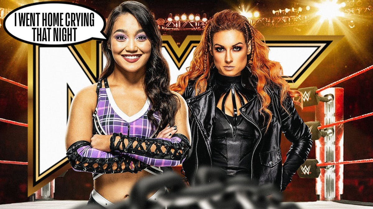 Roxanne Perez with a text bubble reading “I went home crying that night” next to Becky Lynch with the NXT logo as the background.