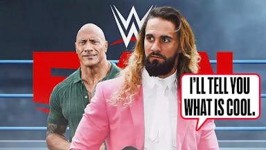 Seth Rollins with a text bubble reading “I'll tell you what is cool!” next to The Rock with the RAW logo as the background.