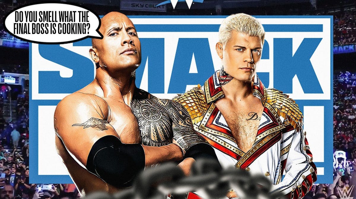 The Rock with a text bubble reading “Do you smell what the Final Boss is cooking?” next to Cody Rhodes with the SmackDown logo and a WWE crowd as the background.