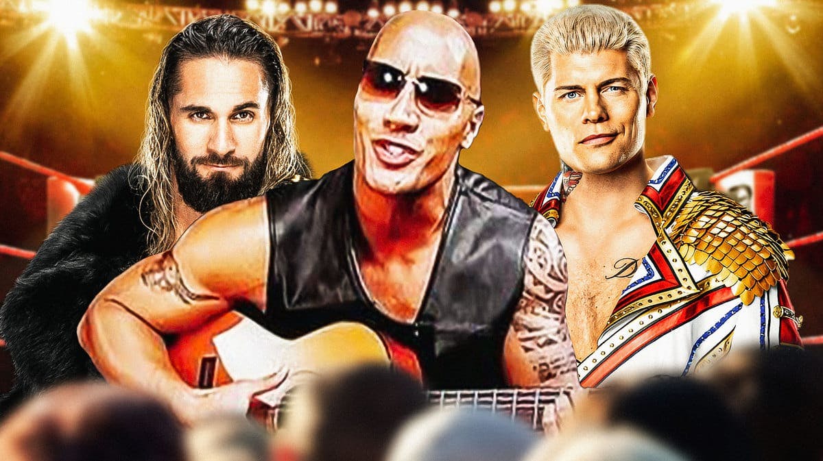 The Rock playing his acoustic guitar with Seth Rollins on his left and Cody Rhodes on his right with a WWE crowd as the background.