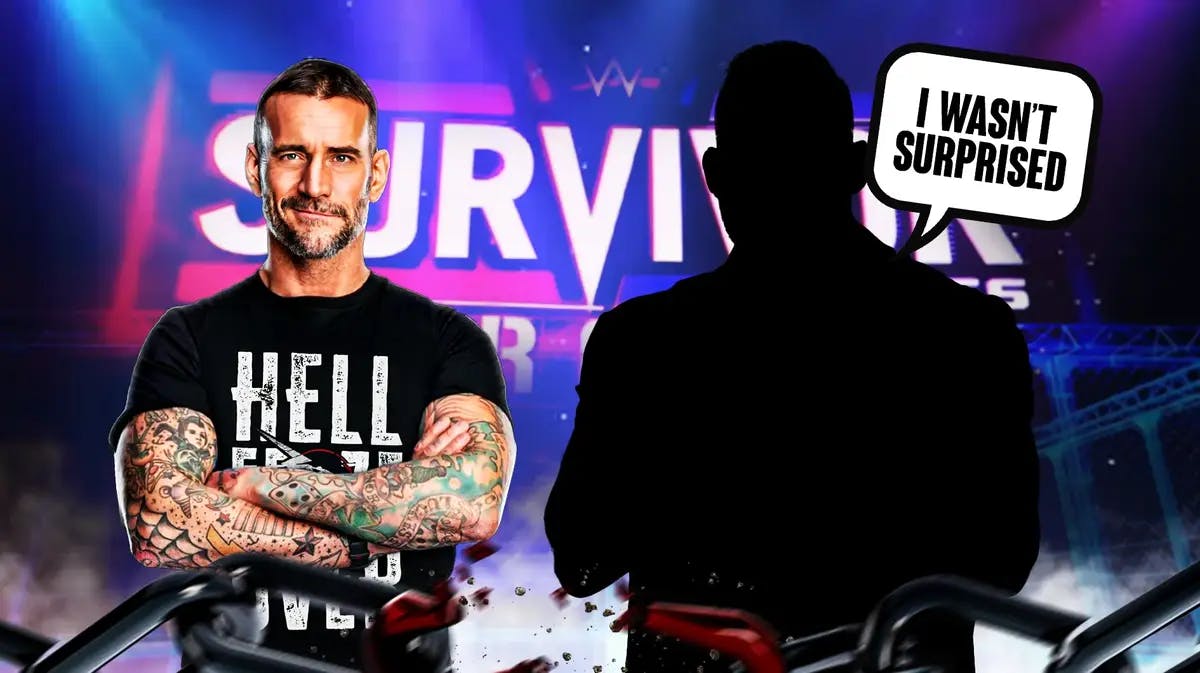 The blacked-out silhouette of QT Marshall with a text bubble reading “I wasn’t surprised” next to CM Punk with the 2023 Survivor Series logo as the background.