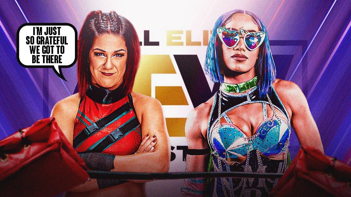 Bayley with a text bubble reading “I’m just so grateful we got to be there” next to Mercedes Mone with the AEW logo as the background.