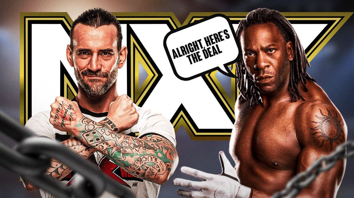 Booker T with a text bubble reading “Alright, here’s the deal” next to CM Punk with the NXT logo as the background.