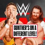 Chad Gable with a text bubble reading “Gunther’s on a different level!” next to Sami Zayn with the RAW logo as the background.