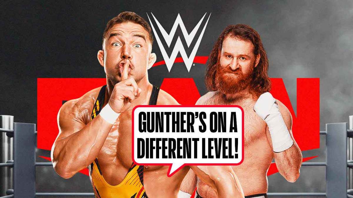 Chad Gable with a text bubble reading “Gunther’s on a different level!” next to Sami Zayn with the RAW logo as the background.