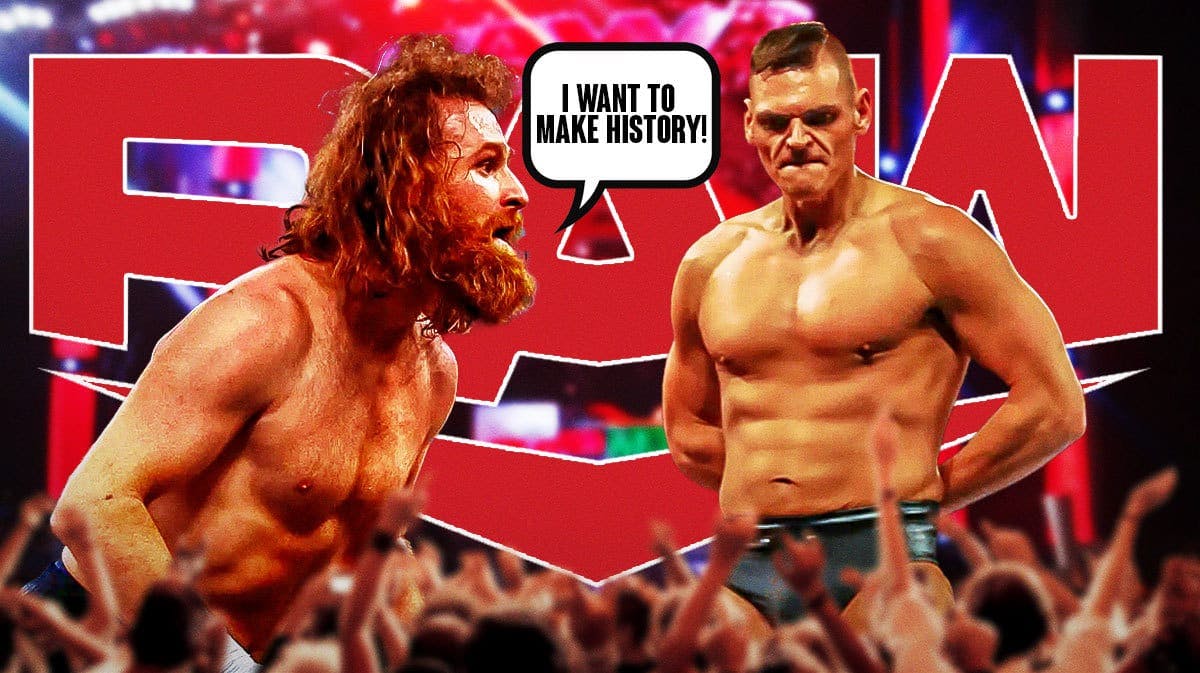 Sami Zayn with a text bubble reading “I want to make history!” next to Gunther with the RAW logo as the background.