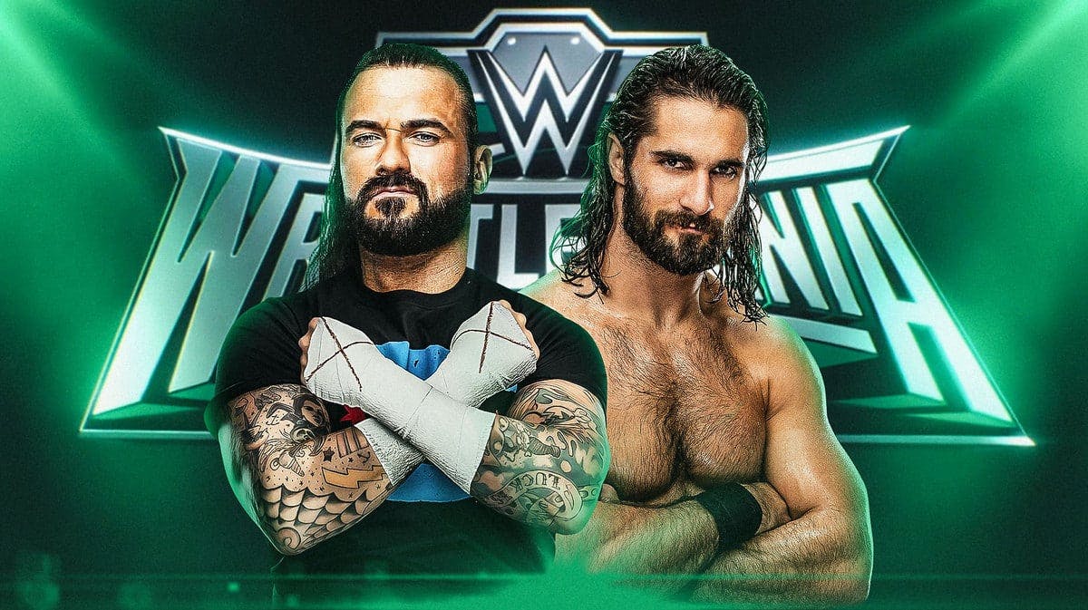 Drew McIntyre’s head on CM Punk’s body next to Seth Rollins with the WrestleMania 40 logo as the background.