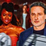 Andrew Lincoln and Danai Gurira with scene from Walking Dead: The Ones Who Live