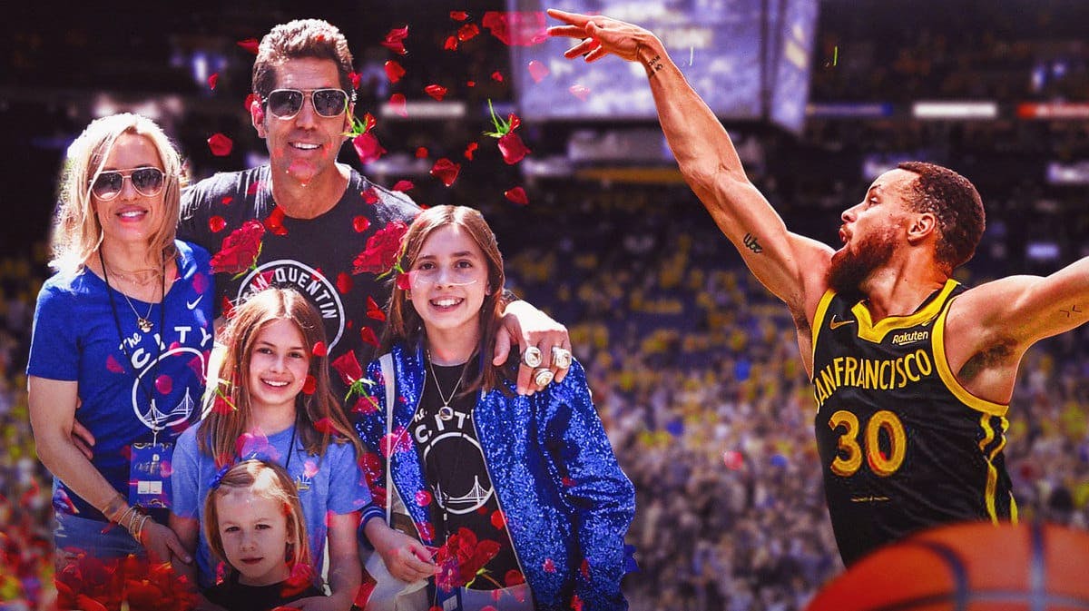 Warriors' Bob Myers, with his family (wife and three daughters) smiling, with Stephen Curry happily throwing some flowers towards Myers