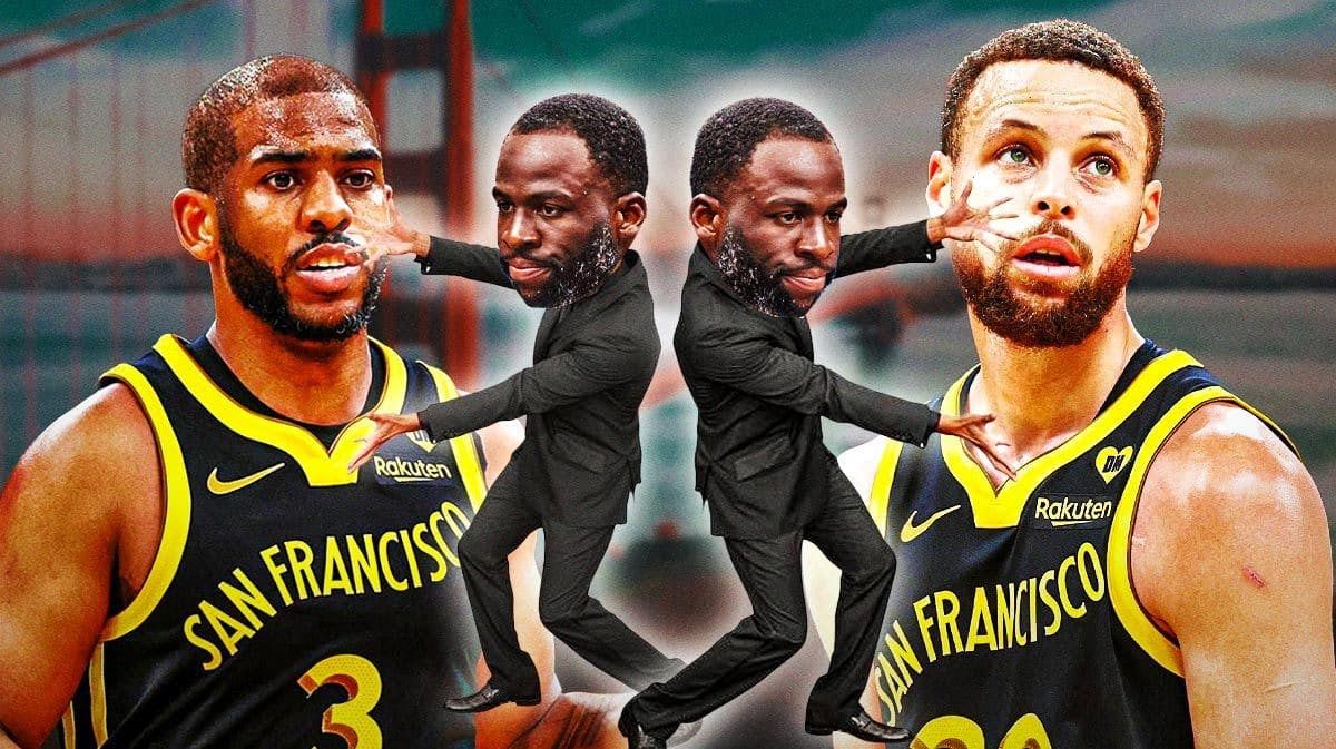 Warriors' Draymond Green in the middle as the Will Smith pointing meme, mirrored, pointing to both Chris Paul and Stephen Curry