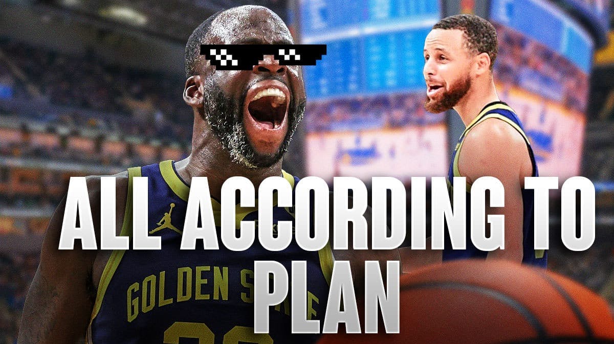Warriors' Draymond Green with the thug life shades on, Stephen Curry smiling at him, with caption below: ALL ACCORDING TO PLAN