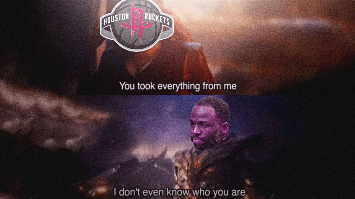 Warriors' Draymond Green as Thanos in the You took everything from me Avengers Endgame meme, with the Rockets logo on Scarlet Witch