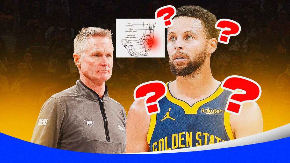 Warriors' Steve Kerr looking at a worried Stephen Curry with an ankle injury diagram, question marks all over Curry