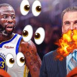 Tim Legler on one side breathing fire, Draymond Green on the other side with the big eyes emoji around him