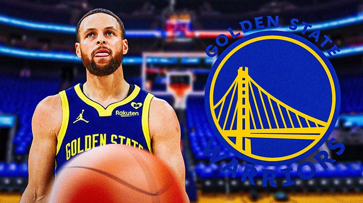 Steph Curry looking stern with Golden State Warriors logo and basketball court in background