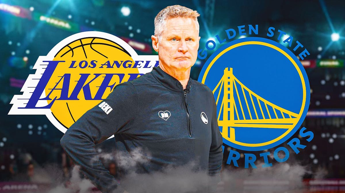 Steve Kerr with the Warriors and Lakers logos in the background